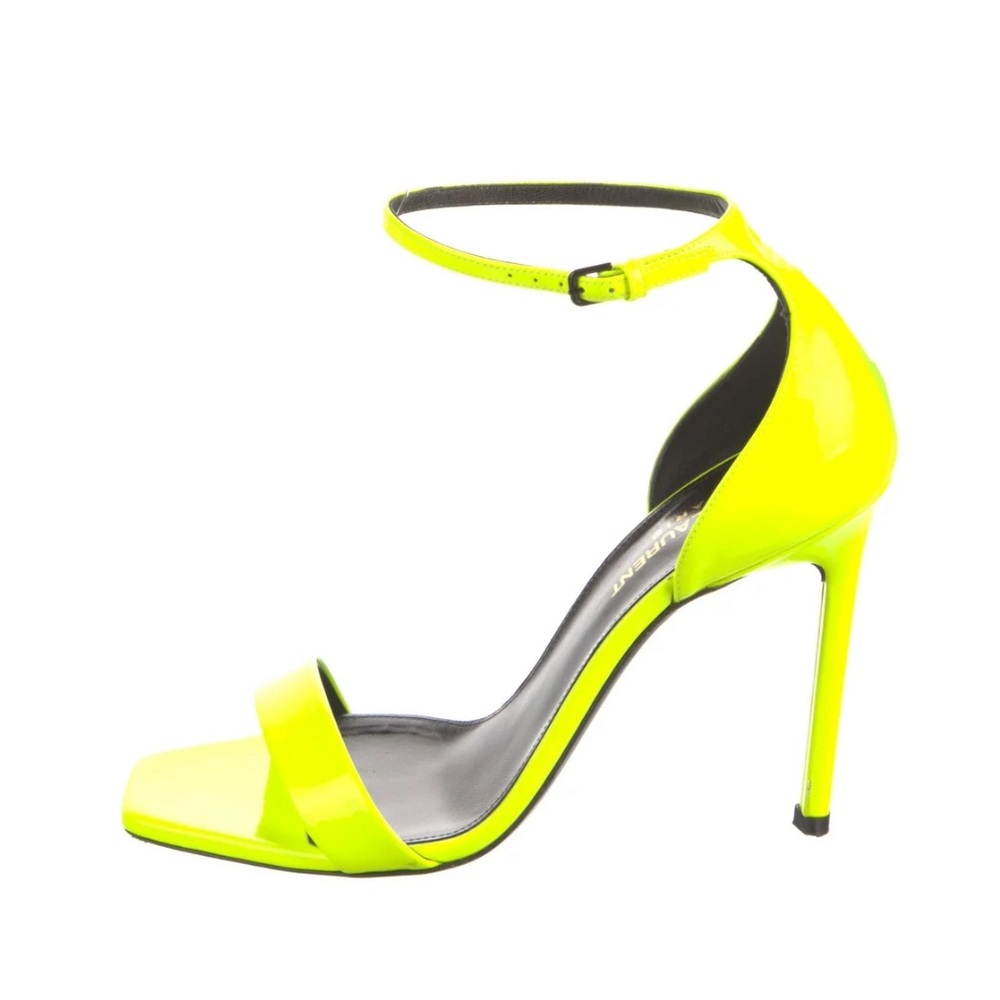SAINT LAURENT Patent Calfskin Amber Ankle Strap Sandals 39 Yellow Fluo - Picture 1 of 6